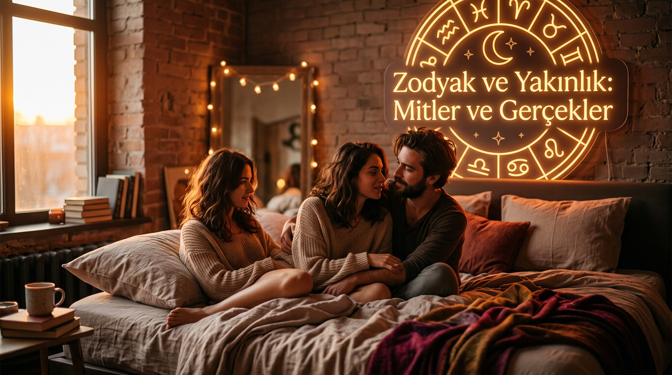 A cinematic, wide 16:9 shot of a dimly lit, luxurious bedroom with a glowing neon zodiac wheel floating above a messy bed, creating an atmosphere of mystery, intimacy, and modern passion.