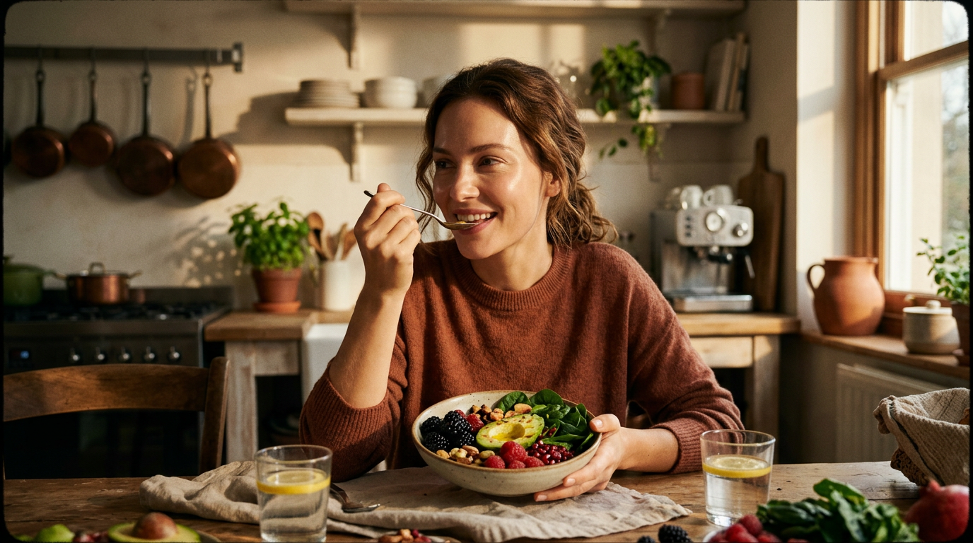 A wide, cinematic shot of a glowing, healthy woman eating a vibrant bowl of fresh berries, avocado, and leafy greens in a modern, sunlit kitchen. 16:9 aspect ratio.