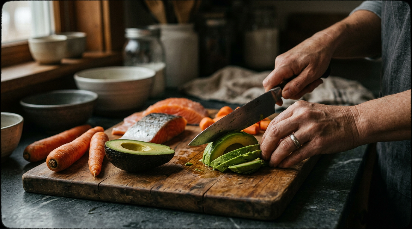 A close-up, high-resolution shot of hands slicing a ripe avocado next to wild salmon and vibrant orange carrots on a rustic wooden cutting board. 16:9 aspect ratio.