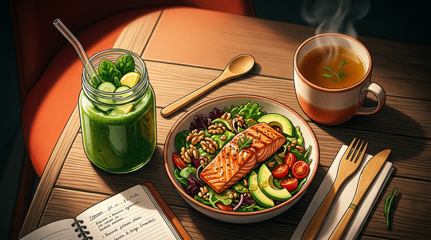 A beautifully arranged daily meal prep layout showing a green detox smoothie, a grilled salmon salad with walnuts, and a warm cup of bone broth. Shot from top-down with bright, natural lighting. 16:9 aspect ratio.