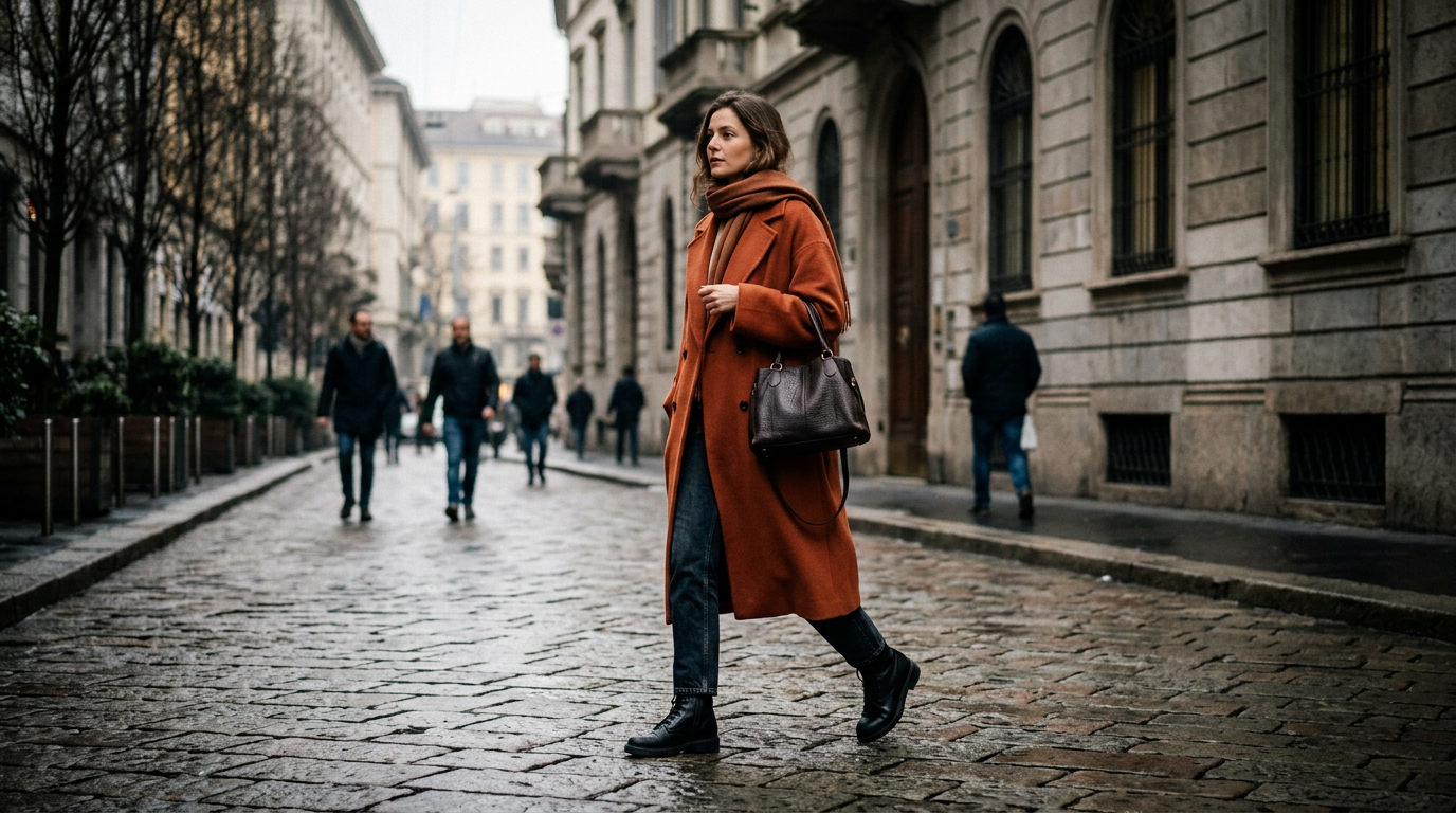 A professional street style photograph of a woman walking in Milan during winter, wearing a luxurious oversized cashmere coat in burnt terracotta, styled with dark denim and leather boots under a soft morning light.