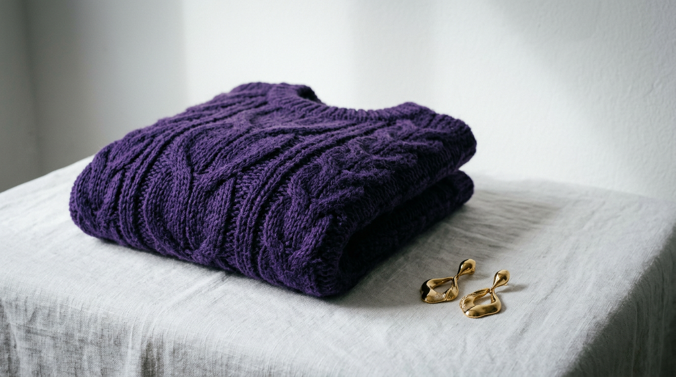 A close-up studio shot of a high-quality textured knit sweater in digital violet color, folded neatly next to a pair of luxury gold earrings on a clean, minimalist white background.