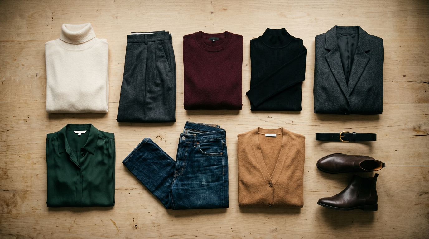 A flat lay of 10 minimalist clothing items in a cohesive color palette of neutral tones, forest green, and burgundy, arranged neatly on a light wooden background with soft shadows