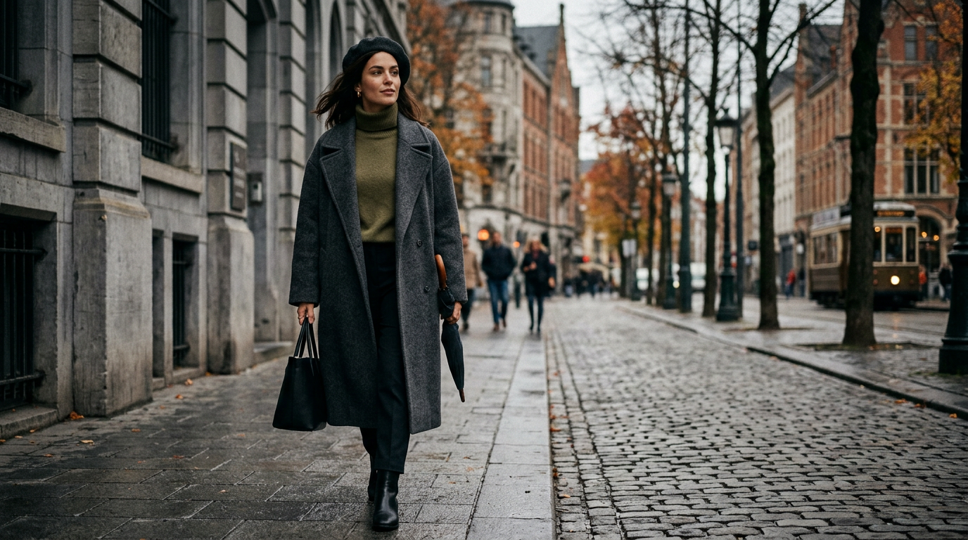 A modern woman walking on a clean city street, wearing an oversized wool coat in charcoal grey and an olive green cashmere turtleneck, exuding effortless elegance