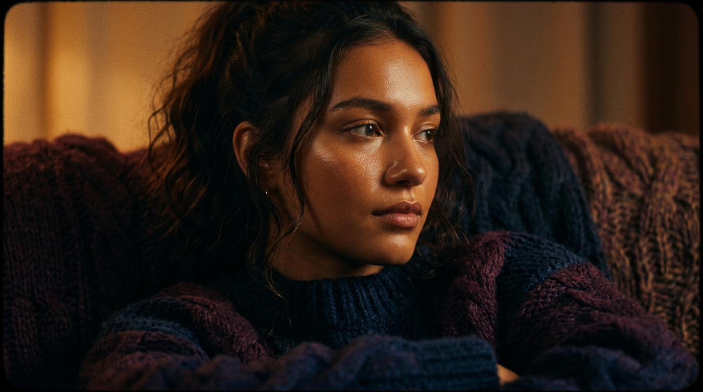 Skin Cycling Nasıl Yapılır? 4 Adımda Kusursuz Cilt Rehberi 3 A close-up of a young woman's hydrated, glowing face looking slightly away from the camera, with a backdrop of rich texture knitwear in deep midnight blue and plum tones, conveying warmth and skin health