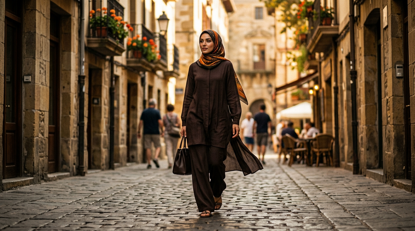A highly fashionable modest woman walking down a sunlit European street wearing a flowy, lightweight summer tunic in deep espresso brown, perfectly blending upcoming winter colors into a vibrant summer setting.