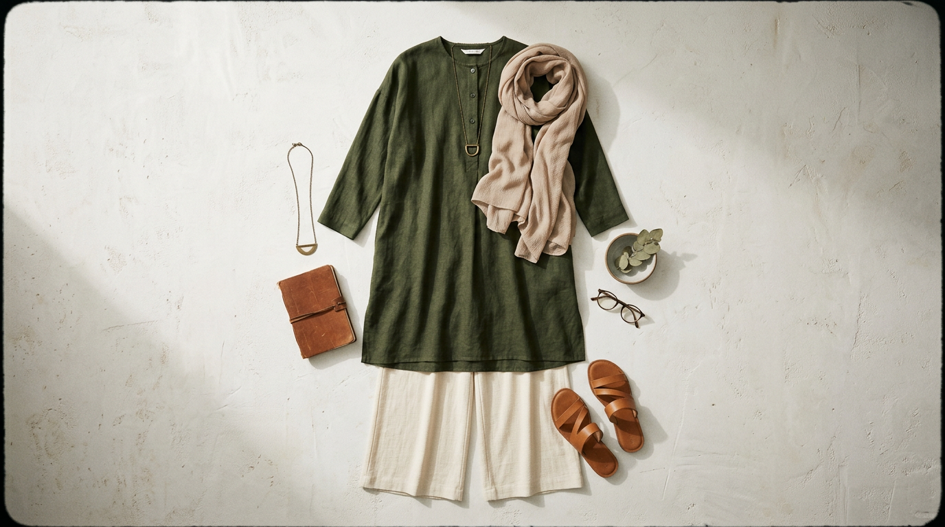 A minimalist flat lay of a chic modest outfit featuring a deep olive green linen tunic, cream colored palazzo pants, a textured beige chiffon hijab, and simple leather sandals, arranged neatly on a light background.