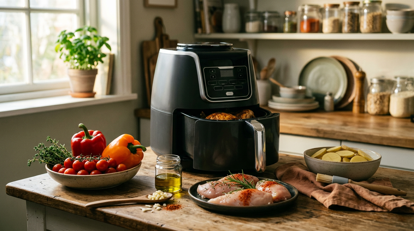 A modern airfryer on a clean kitchen counter, surrounded by fresh, colorful vegetables like cherry tomatoes, bell peppers, and raw chicken breast, bathed in bright, natural morning light.