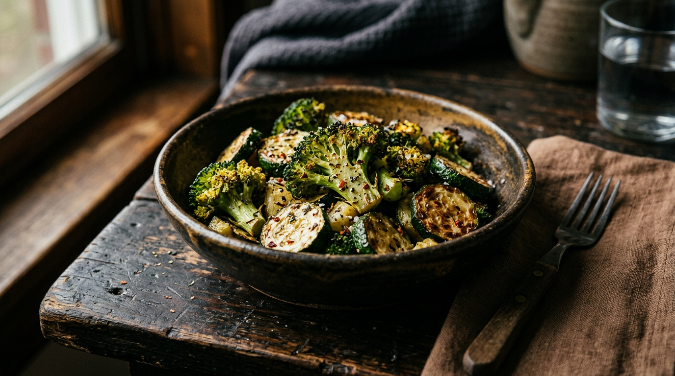 A close-up shot of crispy air-fried broccoli florets and zucchini slices, seasoned with herbs, served in a rustic ceramic bowl on a dark wooden table.