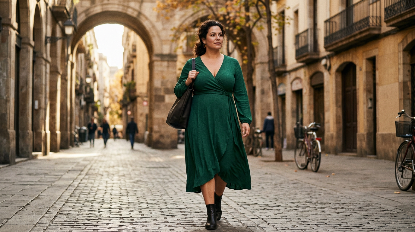 Vücut Tipine Göre Giyim Rehberi: En Doğru Elbise Seçimi 3 A stylish woman with an apple body shape wearing an elegant empire-line V-neck wrap dress in a deep emerald green color, walking confidently down a sunny modern city street.