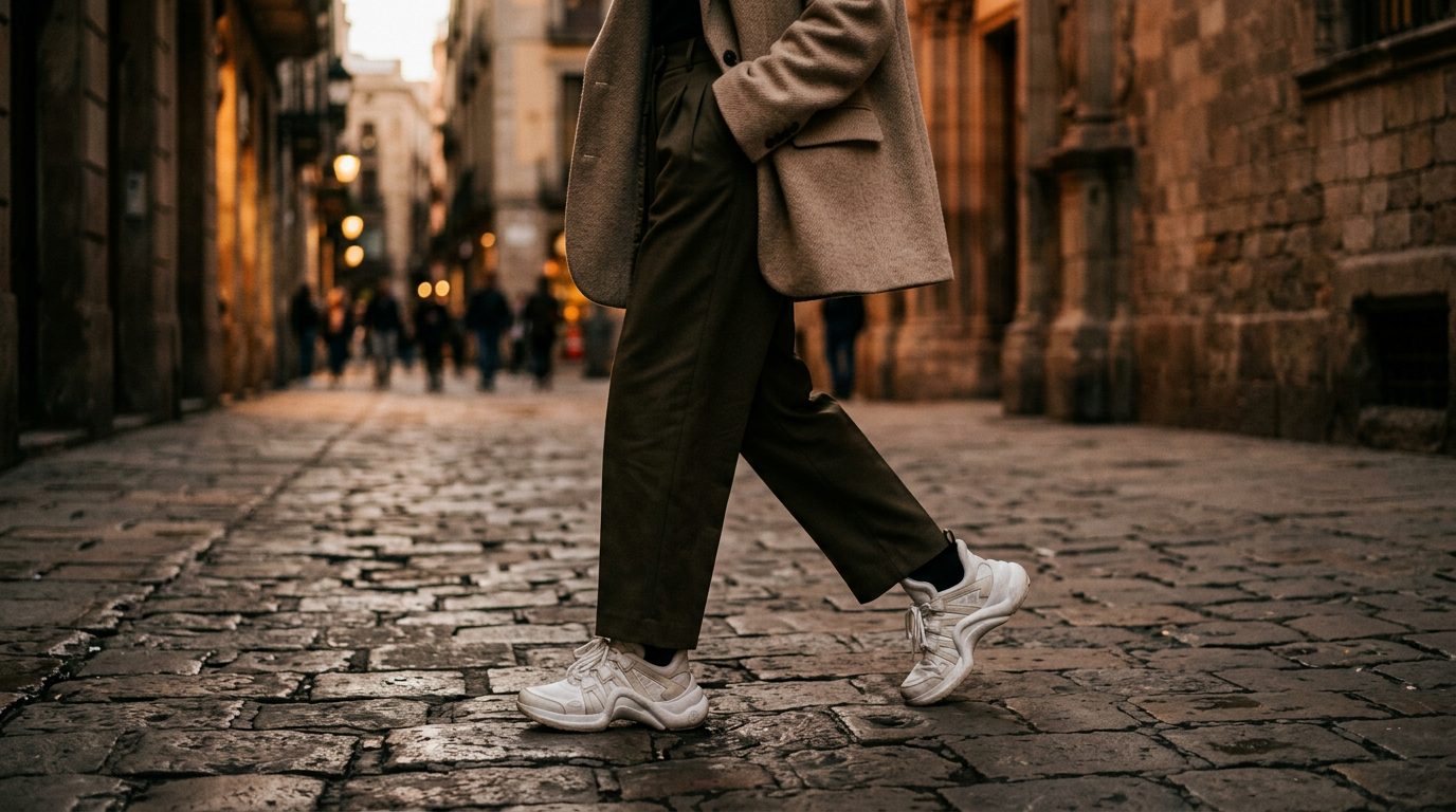 Close-up of a person's lower half, walking on a cobblestone street, wearing a beige oversized blazer, pleated trousers, and chunky white designer sneakers, showing a modern street style aesthetic.