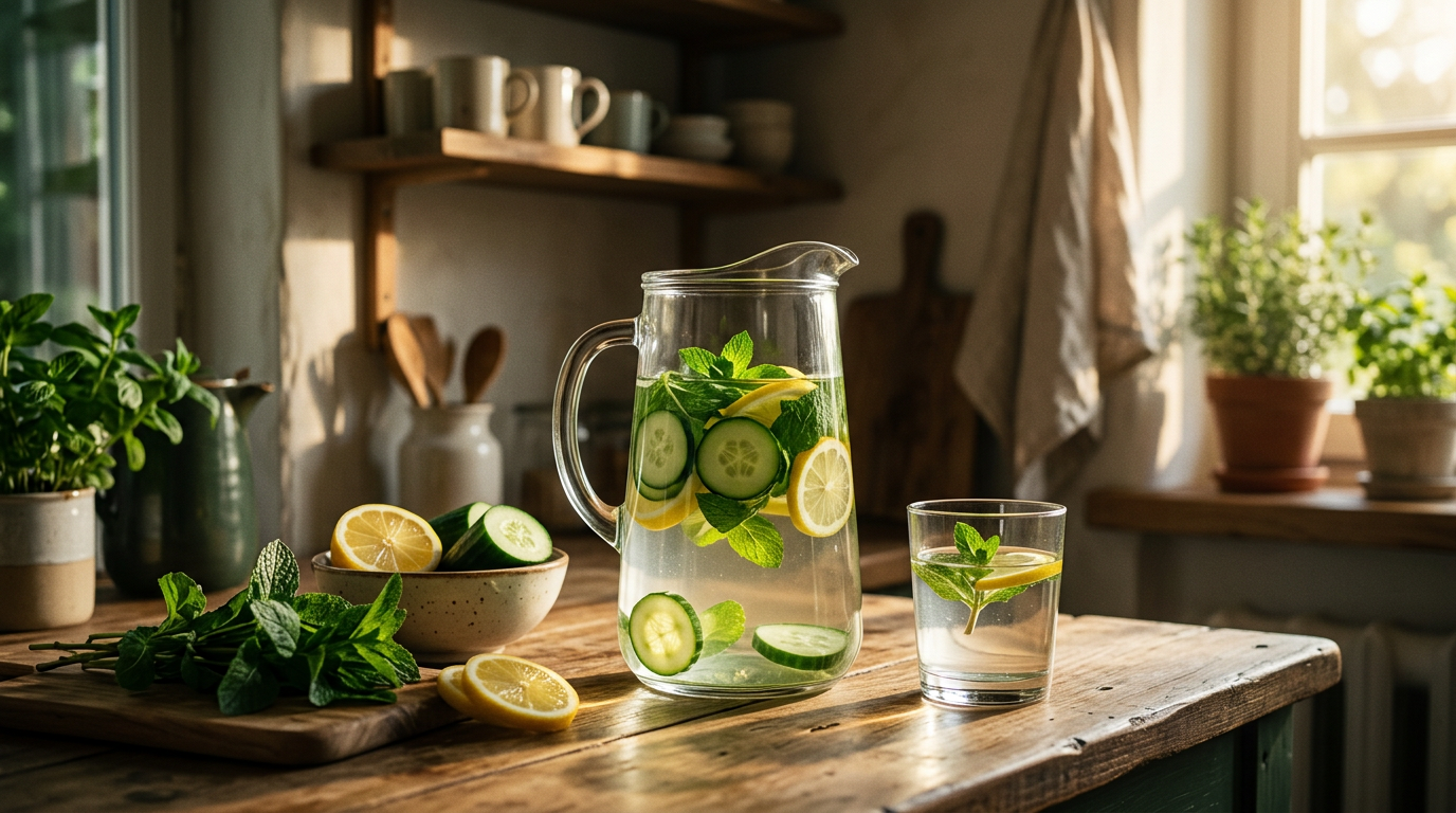 A bright morning kitchen scene showing fresh ingredients like sliced cucumber, lemons, fresh mint leaves, and a glass pitcher filled with water, soft natural light reflecting off the glass