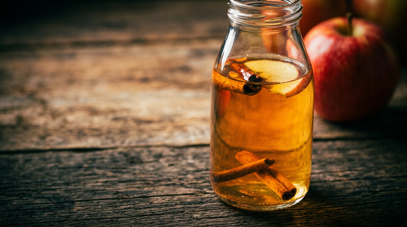 A close-up of a glass bottle containing a golden-tinted apple cider vinegar and cinnamon detox water, placed on a clean wooden table with a whole red apple in the soft-focus background