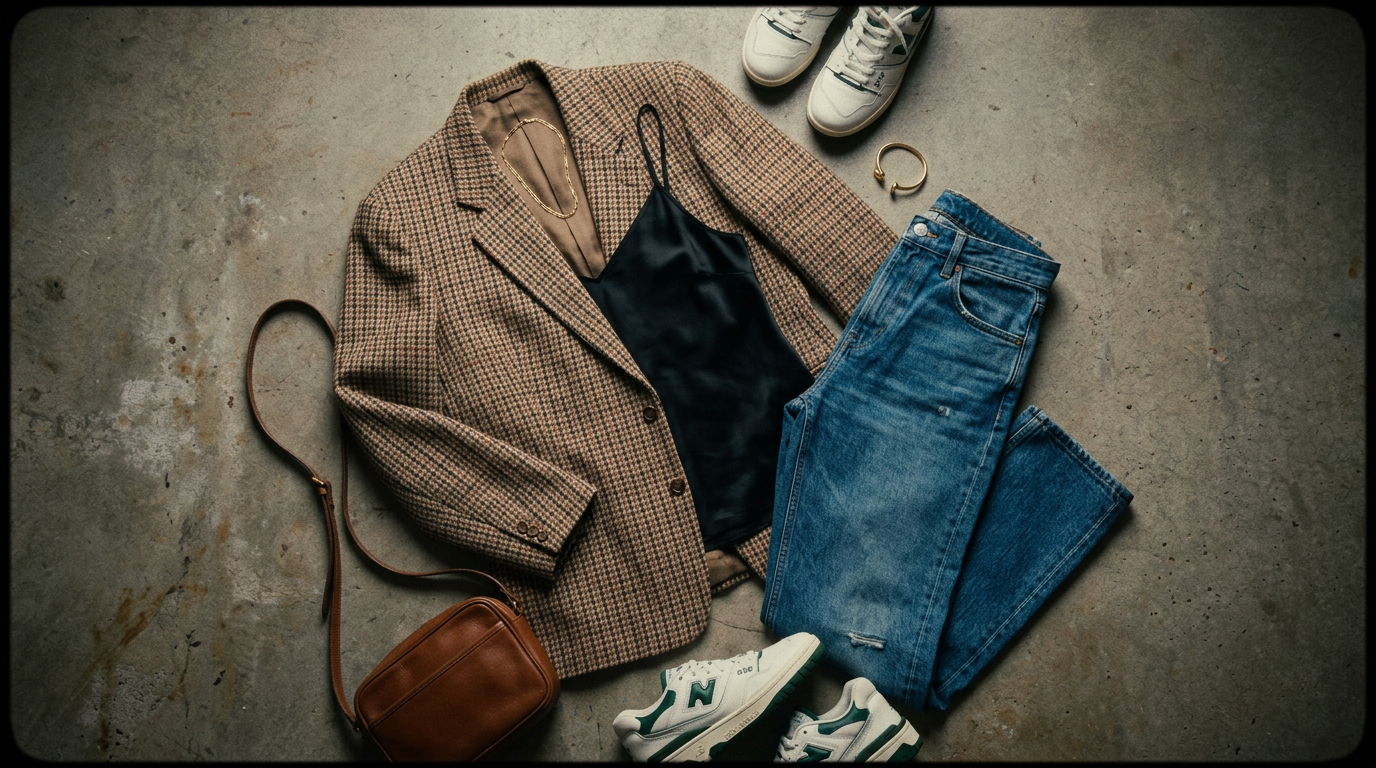A flat lay of a 1980s vintage oversized checkered blazer, styled with a modern black silk slip top, contemporary straight-leg blue jeans, and sleek modern gold jewelry, clean studio lighting
