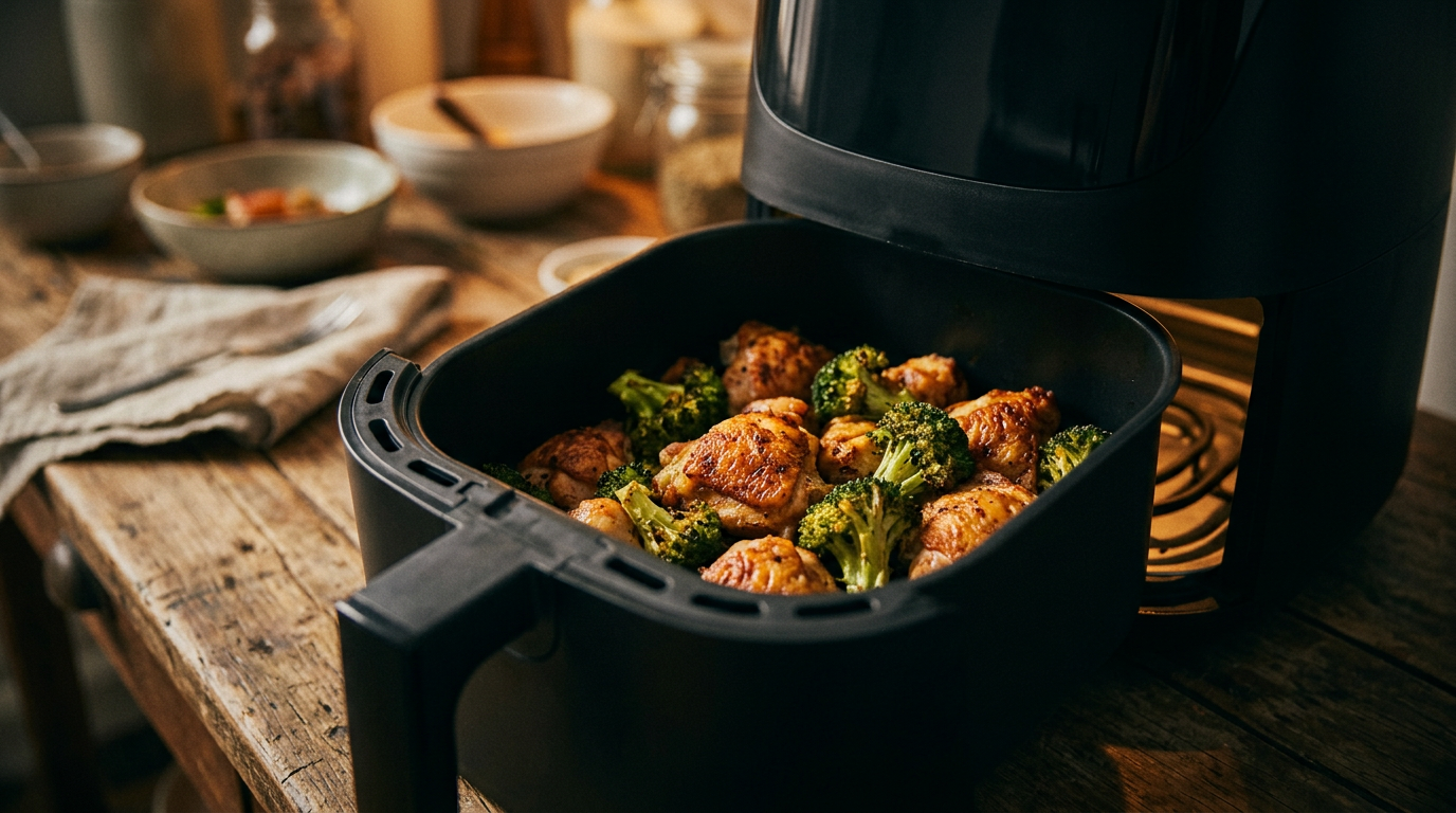 A modern airfryer open on a wooden table, containing perfectly roasted, golden-brown chicken chunks and vibrant green broccoli florets, close-up shot