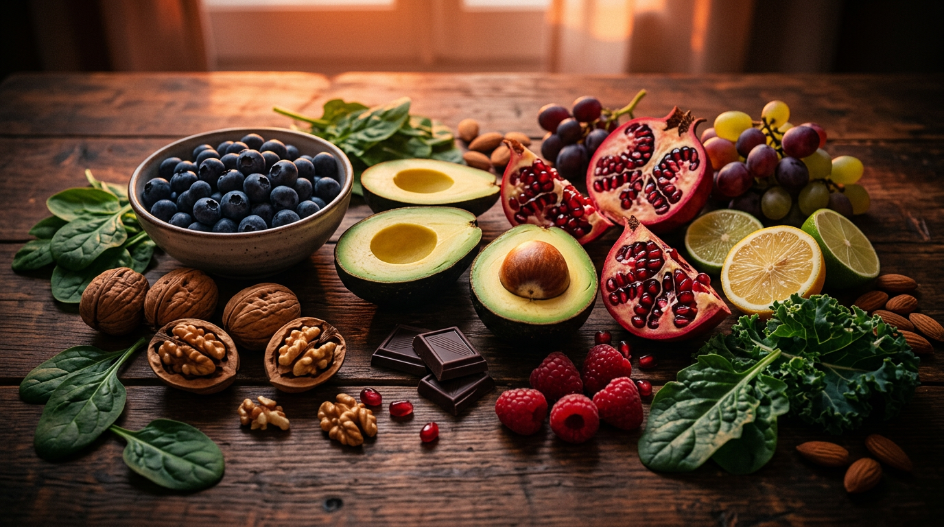 A professional, vibrant flat lay of various anti-aging superfoods like avocados, blueberries, pomegranates, and walnuts on a rustic wooden table with soft natural lighting