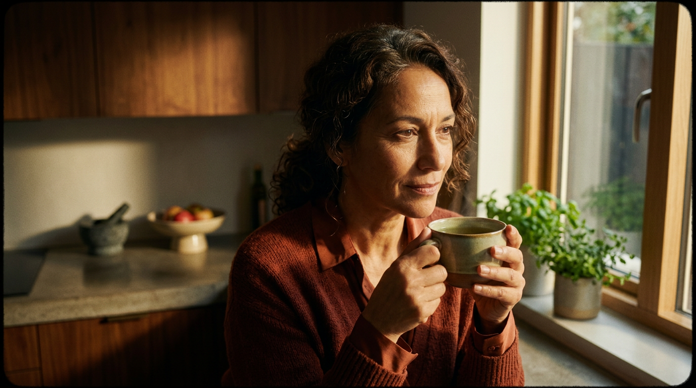A close-up of a glowing, healthy middle-aged woman drinking a cup of green tea in a modern, sunlit kitchen, radiating natural energy