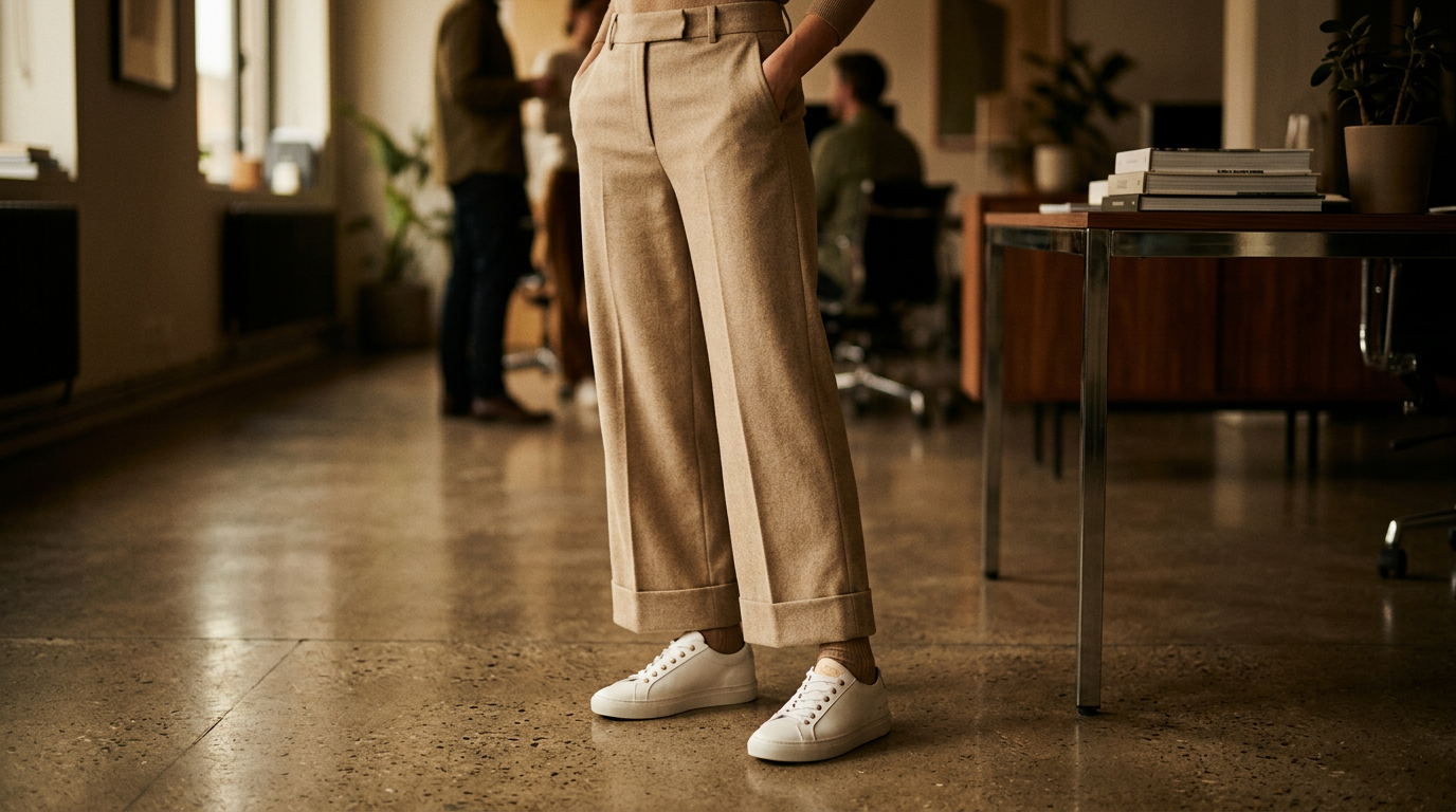 A close-up of a woman's stylish outfit showing the pairing of tailored beige wide-leg trousers with clean, luxury-brand white leather sneakers on a polished concrete office floor